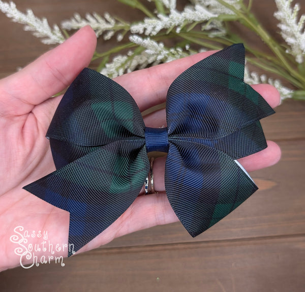 Navy & Green Plaid Bow
