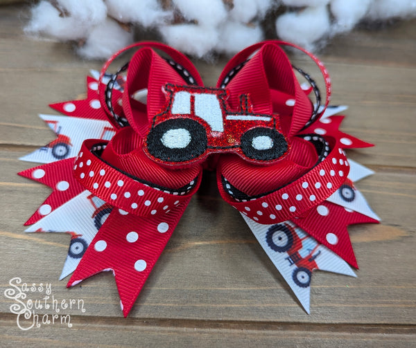 Red Tractor Hair Bow