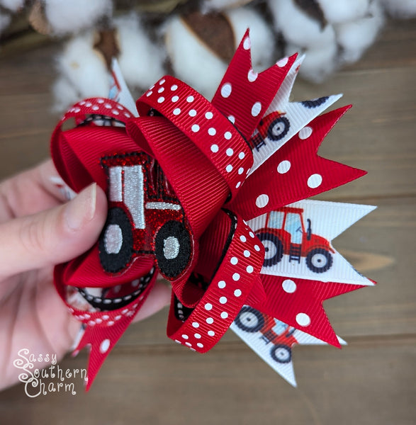 Red Tractor Hair Bow