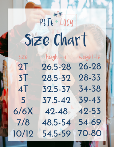 Pete & Lucy Core Line Size Chart