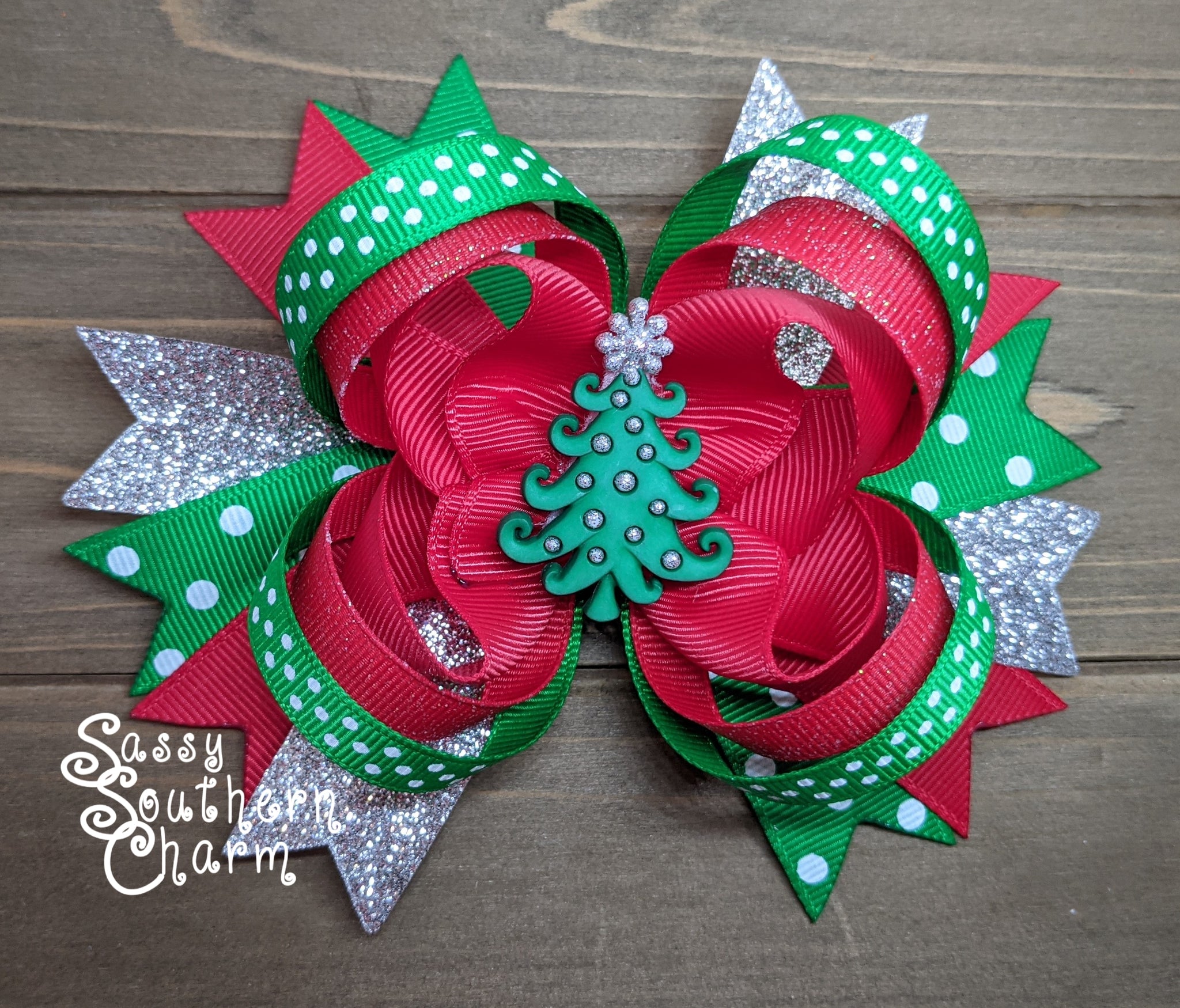Silver Christmas Tree Stacked Bow